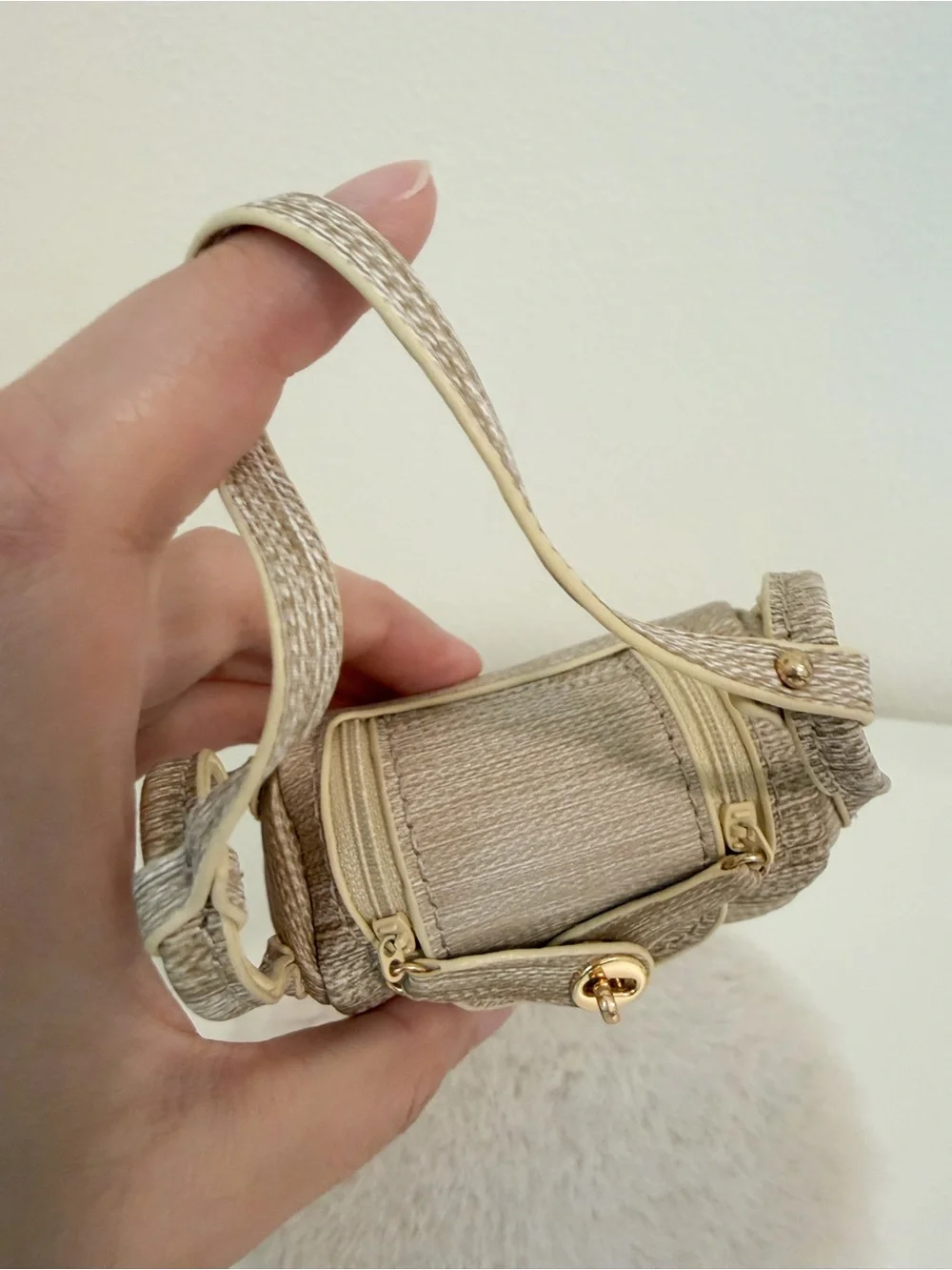 Mini Top Handle Bag Charm Woven Texture Coin Pouch Beige Luxury Style